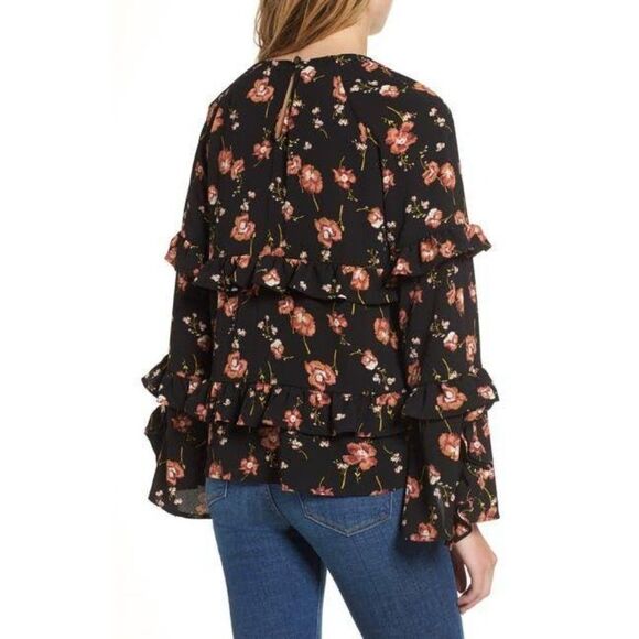 BP. Nordstrom Floral Print Tiered Ruffle Oversized Blouse XXS 00 Black Boho - Picture 3 of 7